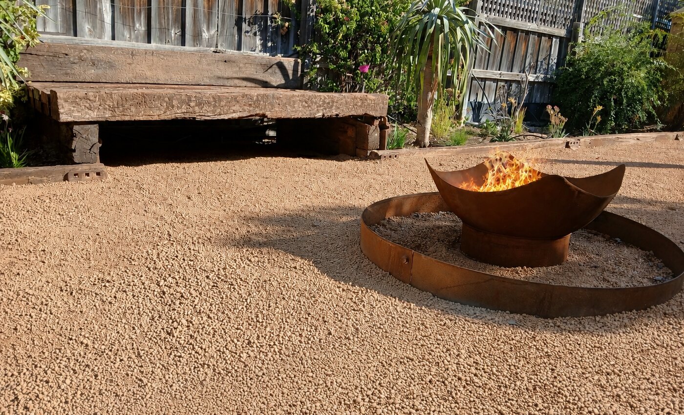Landscaped gravel courtyard with fire pit, Perth Hills